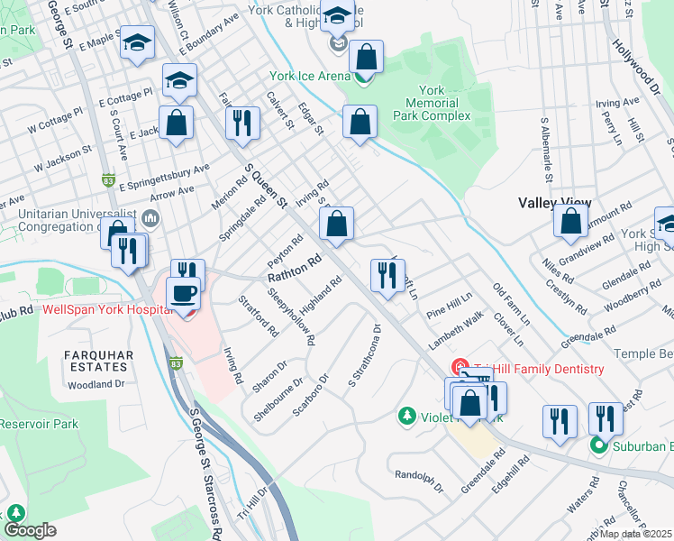 map of restaurants, bars, coffee shops, grocery stores, and more near 195 Highland Road in York