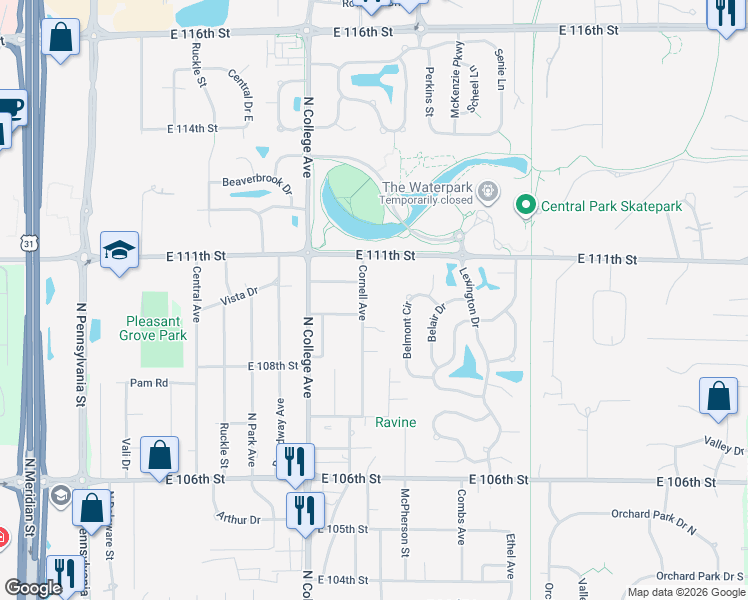 map of restaurants, bars, coffee shops, grocery stores, and more near 11071 Cornell Avenue in Indianapolis