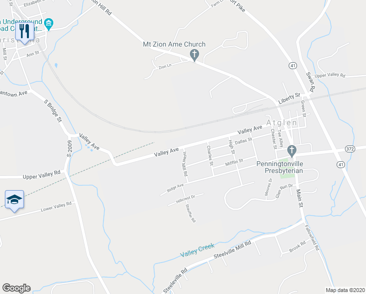 map of restaurants, bars, coffee shops, grocery stores, and more near Valley Avenue in Atglen