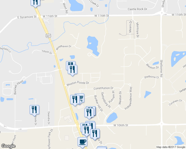 map of restaurants, bars, coffee shops, grocery stores, and more near 3972 Much Marcle Drive in Zionsville