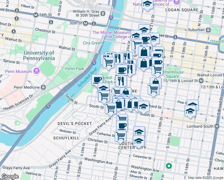 map of restaurants, bars, coffee shops, grocery stores, and more near 2405 Pine Street in Philadelphia