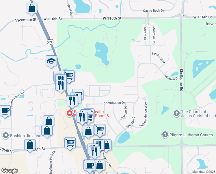 map of restaurants, bars, coffee shops, grocery stores, and more near 3965 Much Marcle Drive in Zionsville