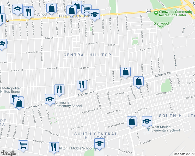 map of restaurants, bars, coffee shops, grocery stores, and more near 382 South Highland Avenue in Columbus