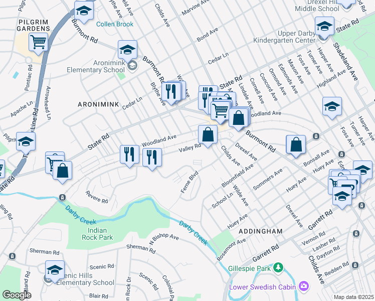 map of restaurants, bars, coffee shops, grocery stores, and more near 18-16 Valley Road in Drexel Hill