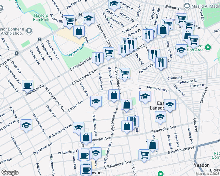 map of restaurants, bars, coffee shops, grocery stores, and more near 175 East Essex Avenue in Lansdowne
