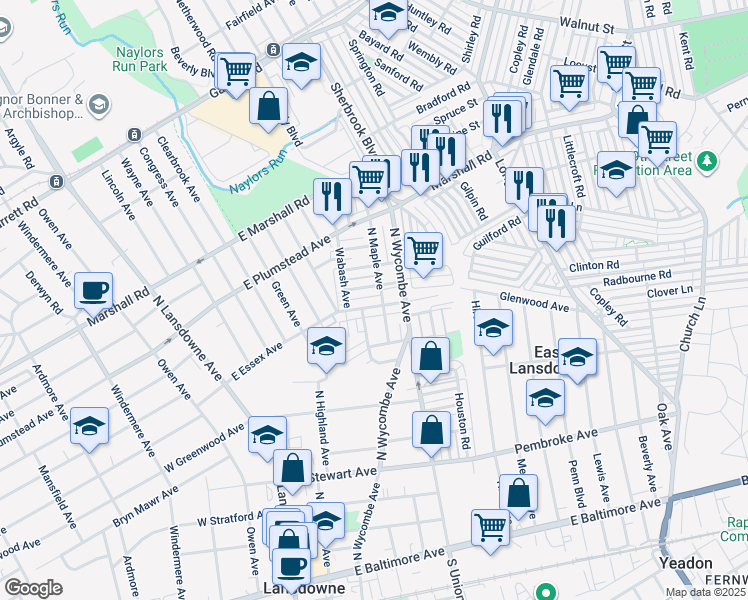 map of restaurants, bars, coffee shops, grocery stores, and more near 175 East Essex Avenue in Lansdowne