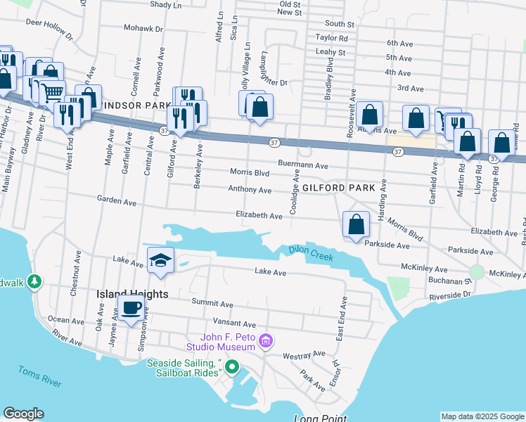 map of restaurants, bars, coffee shops, grocery stores, and more near 311 Elizabeth Avenue in Toms River