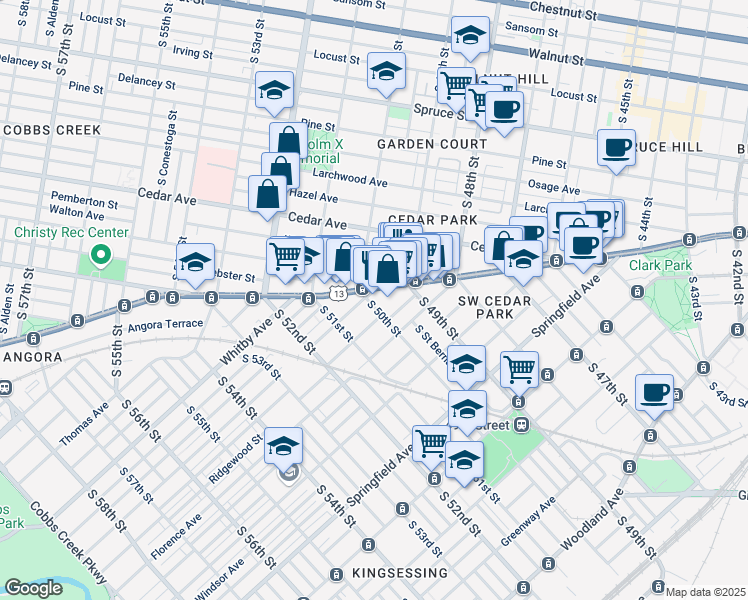 map of restaurants, bars, coffee shops, grocery stores, and more near 701 South 50th Street in Philadelphia