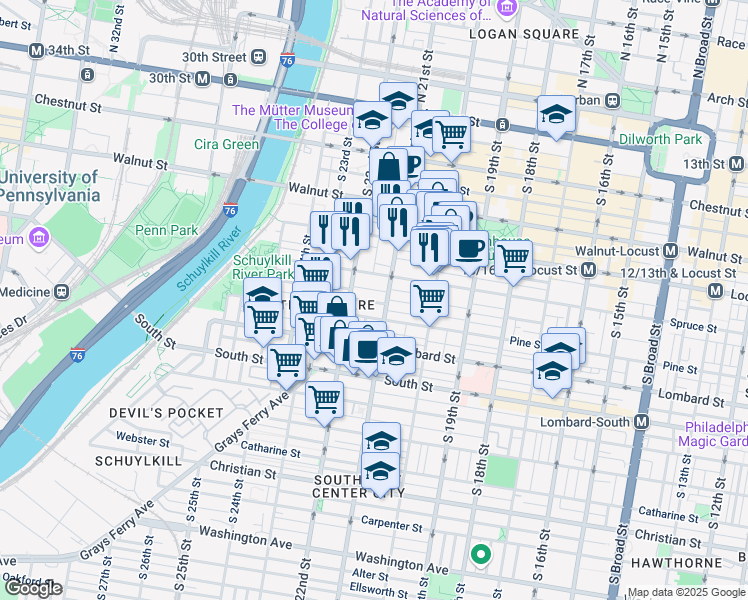 map of restaurants, bars, coffee shops, grocery stores, and more near 2100 Delancey Place in Philadelphia