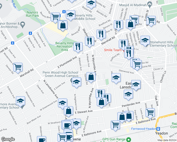map of restaurants, bars, coffee shops, grocery stores, and more near 179 East Essex Avenue in Lansdowne