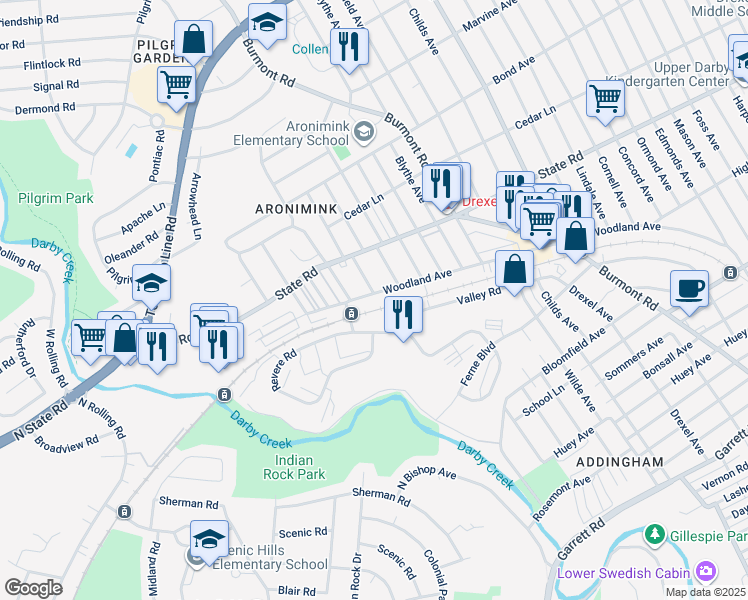 map of restaurants, bars, coffee shops, grocery stores, and more near 4726 Woodland Avenue in Drexel Hill