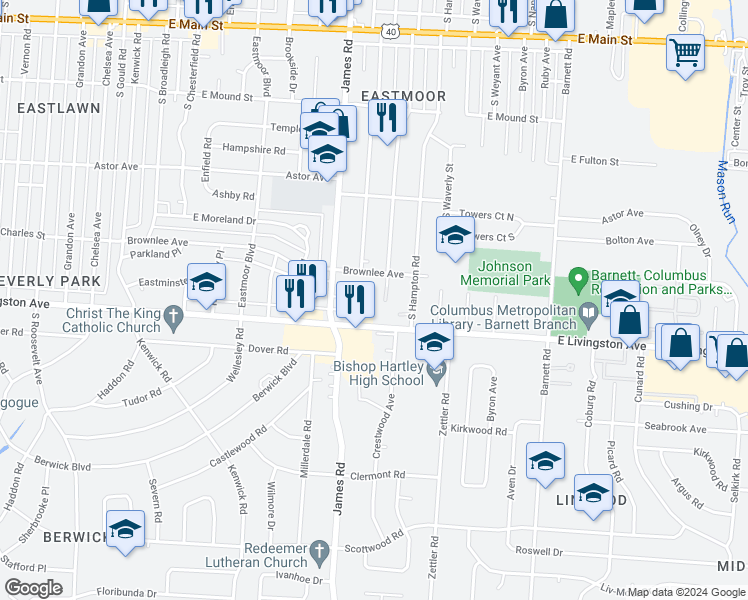 map of restaurants, bars, coffee shops, grocery stores, and more near 3094 East Livingston Avenue in Columbus