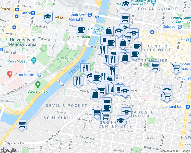 map of restaurants, bars, coffee shops, grocery stores, and more near 2421 Pine Street in Philadelphia