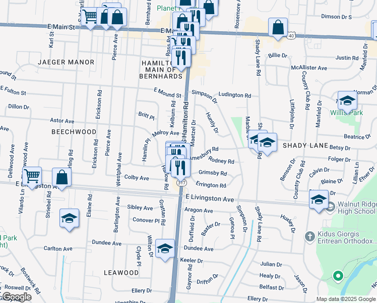 map of restaurants, bars, coffee shops, grocery stores, and more near 1322 Maetzel Drive in Columbus