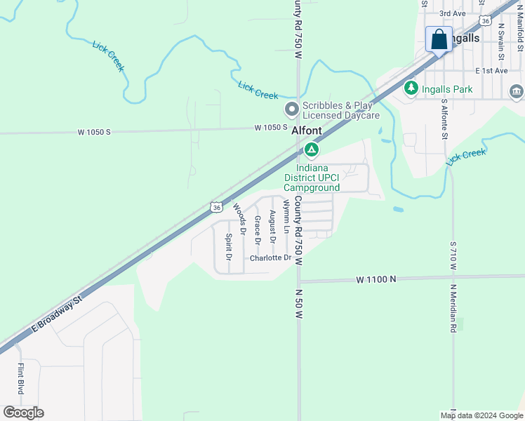 map of restaurants, bars, coffee shops, grocery stores, and more near 10770 Grace Drive in Ingalls