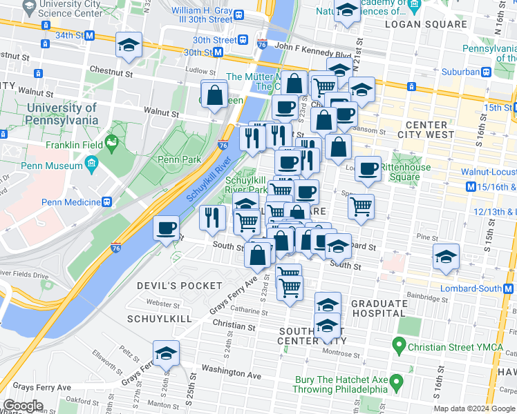 map of restaurants, bars, coffee shops, grocery stores, and more near 2421 Pine Street in Philadelphia