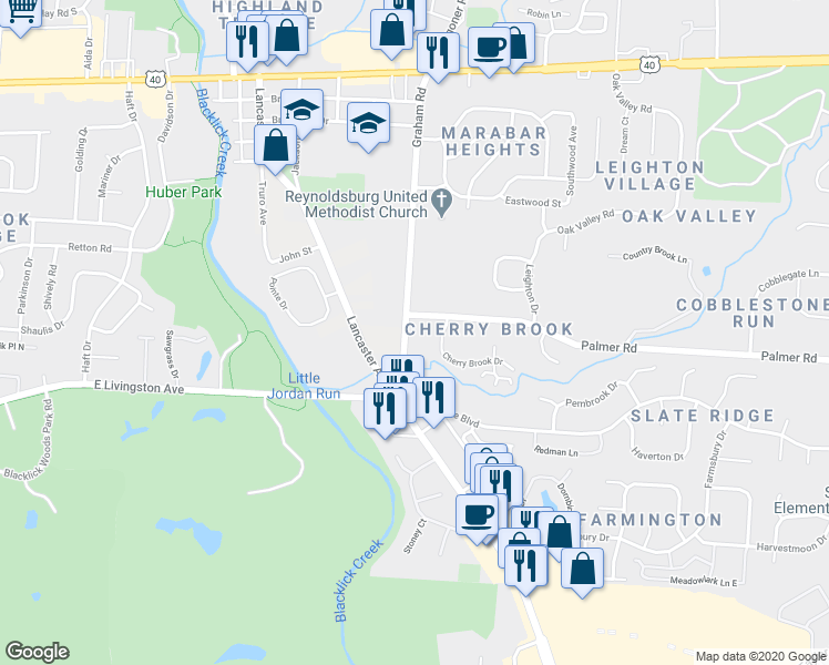 map of restaurants, bars, coffee shops, grocery stores, and more near 1792 Graham Road in Reynoldsburg