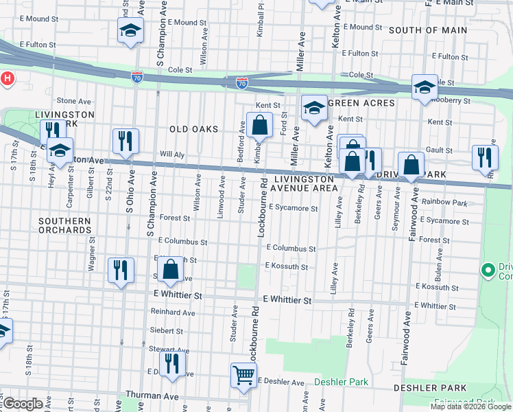map of restaurants, bars, coffee shops, grocery stores, and more near 879 Lockbourne Road in Columbus