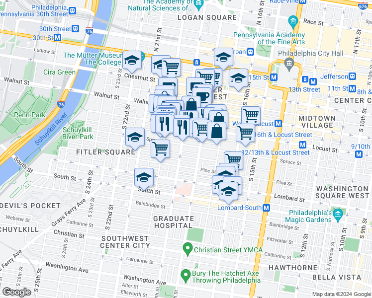 map of restaurants, bars, coffee shops, grocery stores, and more near 1826 Spruce Street in Philadelphia