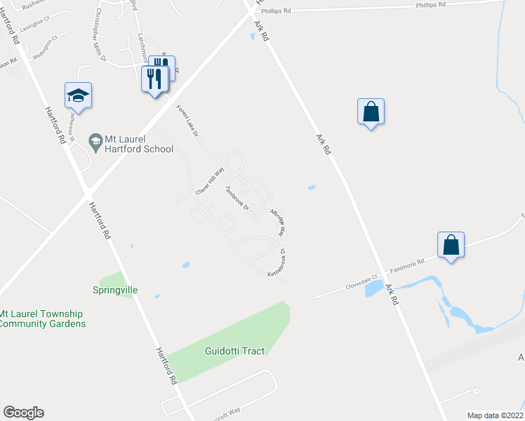 map of restaurants, bars, coffee shops, grocery stores, and more near 4500 Albridge Way in Mount Laurel