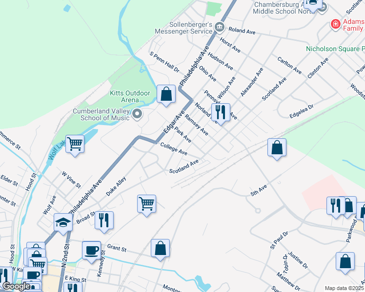 map of restaurants, bars, coffee shops, grocery stores, and more near 1024 Wilson Avenue in Chambersburg