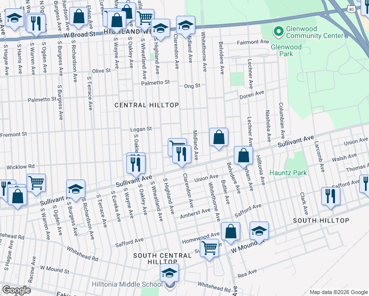 map of restaurants, bars, coffee shops, grocery stores, and more near 364 Clarendon Avenue in Columbus