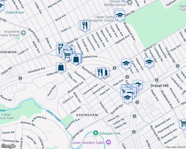 map of restaurants, bars, coffee shops, grocery stores, and more near Burmont Rd & Bloomfield Ave in Drexel Hill