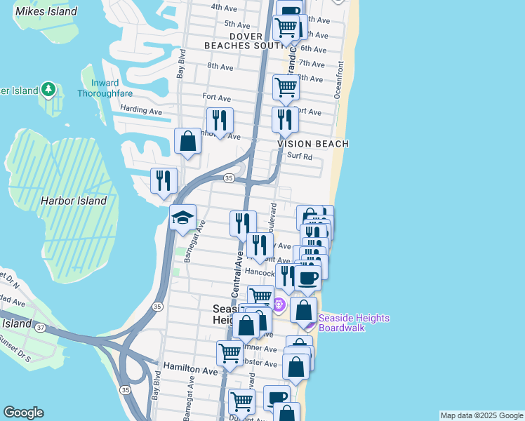 map of restaurants, bars, coffee shops, grocery stores, and more near 1515 Ocean Boulevard in Seaside Heights