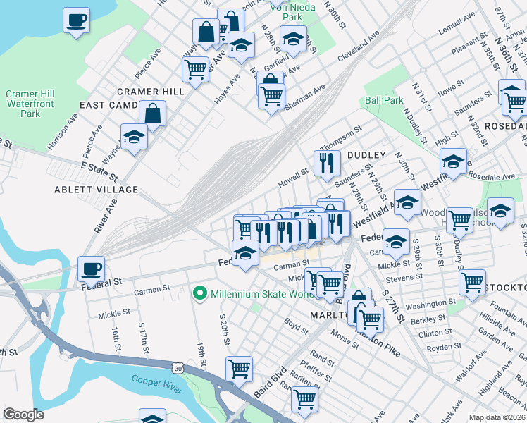map of restaurants, bars, coffee shops, grocery stores, and more near 121 North 24th Street in Camden