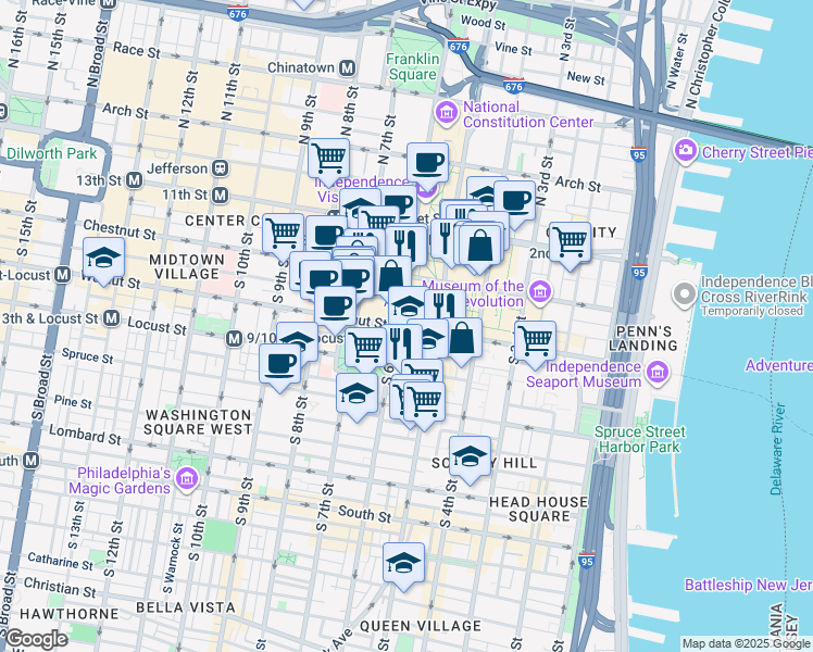 map of restaurants, bars, coffee shops, grocery stores, and more near 501-549 Walnut Street in Philadelphia