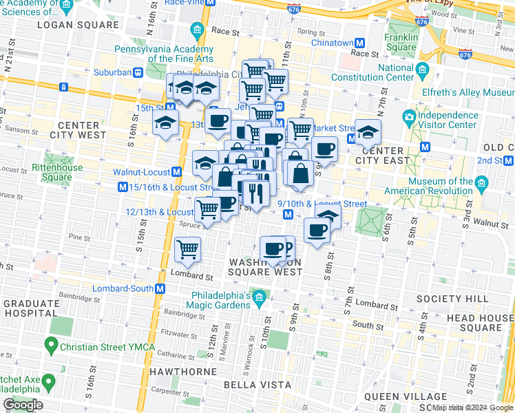 map of restaurants, bars, coffee shops, grocery stores, and more near in Philadelphia