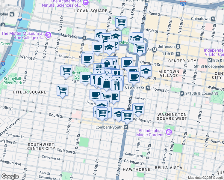 map of restaurants, bars, coffee shops, grocery stores, and more near 1530 Locust Street in Philadelphia