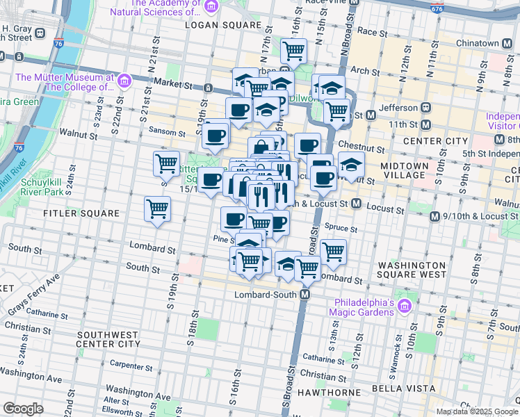 map of restaurants, bars, coffee shops, grocery stores, and more near 252 South 16th Street in Philadelphia