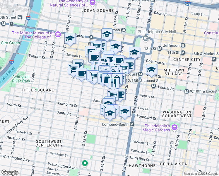 map of restaurants, bars, coffee shops, grocery stores, and more near 263 South 17th Street in Philadelphia