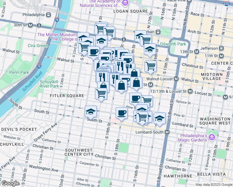 map of restaurants, bars, coffee shops, grocery stores, and more near in Philadelphia