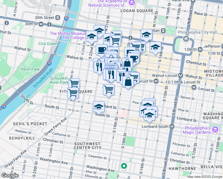 map of restaurants, bars, coffee shops, grocery stores, and more near 1928 Spruce Street in Philadelphia