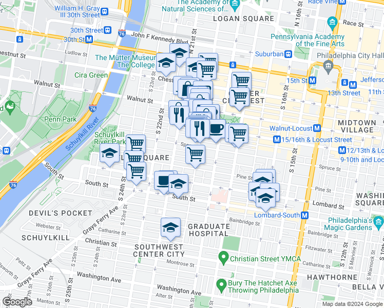 map of restaurants, bars, coffee shops, grocery stores, and more near 2023 Cypress Street in Philadelphia