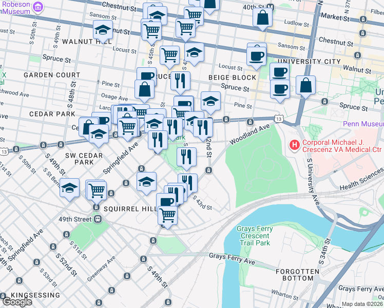 map of restaurants, bars, coffee shops, grocery stores, and more near 4301 Chester Avenue in Philadelphia