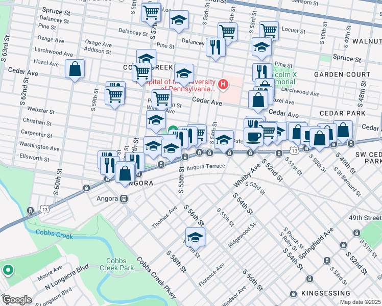 map of restaurants, bars, coffee shops, grocery stores, and more near 5417 Baltimore Avenue in Philadelphia