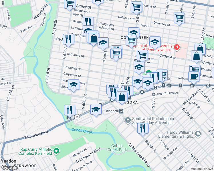 map of restaurants, bars, coffee shops, grocery stores, and more near in Philadelphia