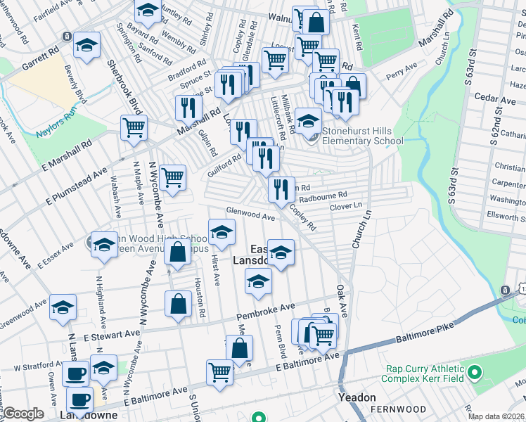 map of restaurants, bars, coffee shops, grocery stores, and more near 7218 Radbourne Road in Delaware County