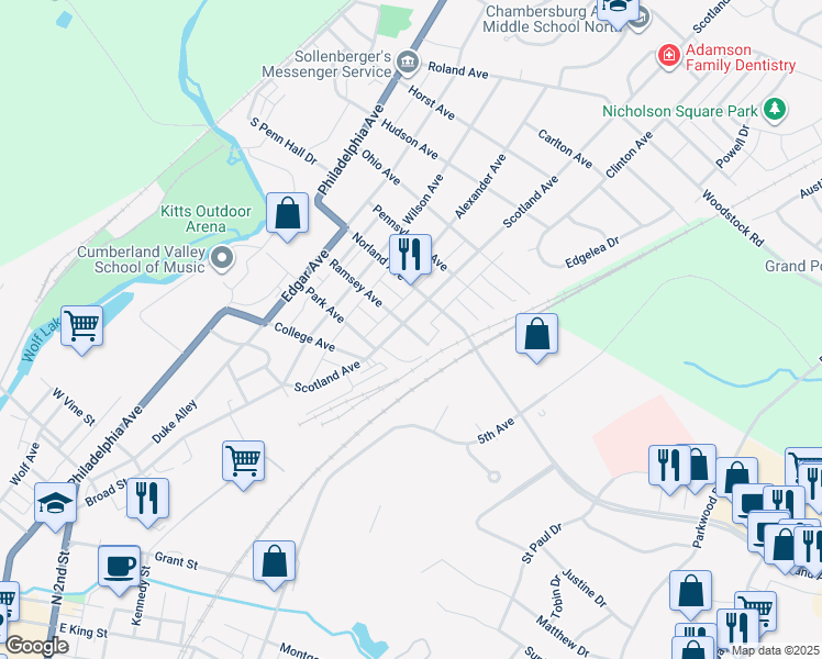 map of restaurants, bars, coffee shops, grocery stores, and more near 1220 Scotland Avenue in Chambersburg
