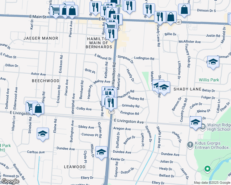 map of restaurants, bars, coffee shops, grocery stores, and more near 1322 Maetzel Drive in Columbus