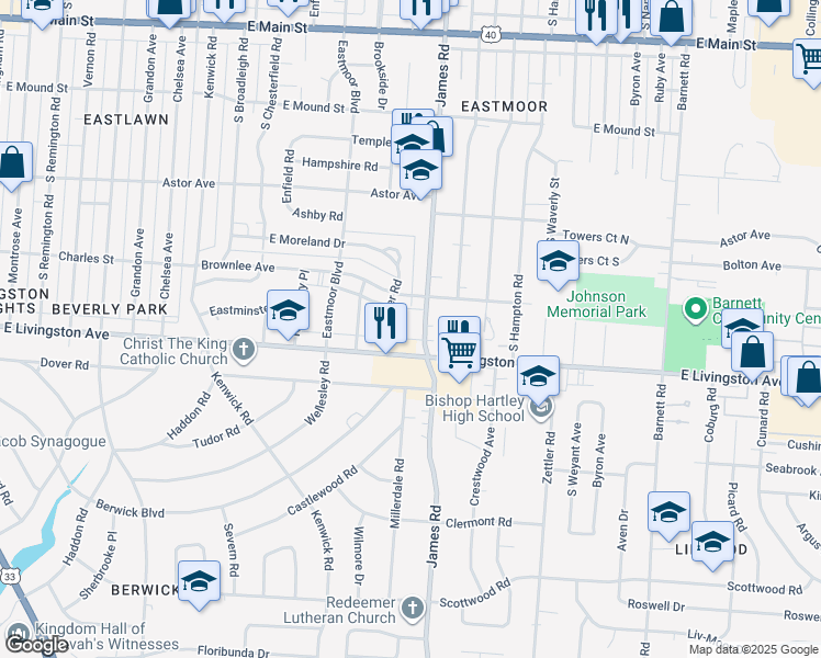 map of restaurants, bars, coffee shops, grocery stores, and more near 1124 South James Road in Columbus