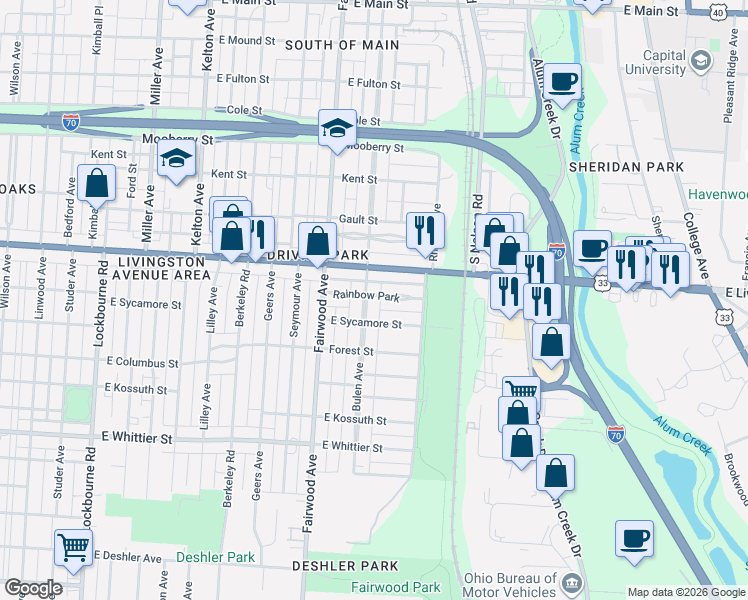 map of restaurants, bars, coffee shops, grocery stores, and more near 942 Bulen Avenue in Columbus