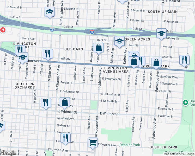 map of restaurants, bars, coffee shops, grocery stores, and more near 879 Lockbourne Road in Columbus