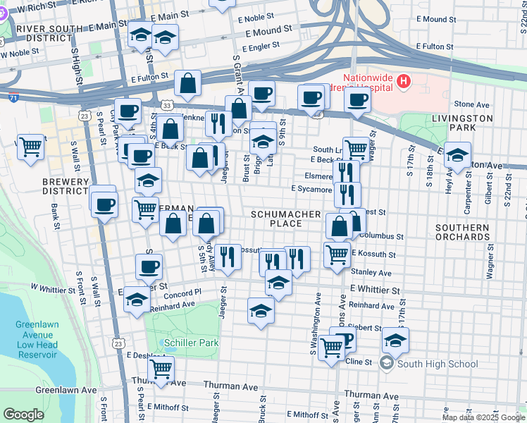 map of restaurants, bars, coffee shops, grocery stores, and more near 380 Forest Street in Columbus