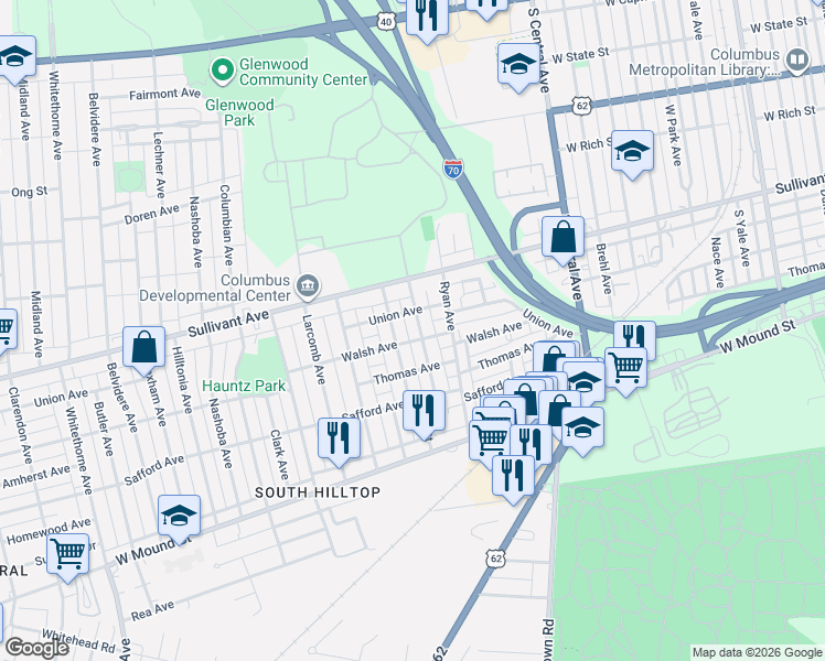 map of restaurants, bars, coffee shops, grocery stores, and more near 437 Catherine Street in Columbus
