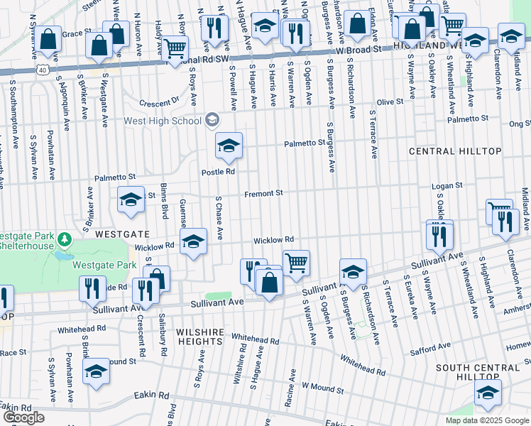 map of restaurants, bars, coffee shops, grocery stores, and more near 336 South Hague Avenue in Columbus
