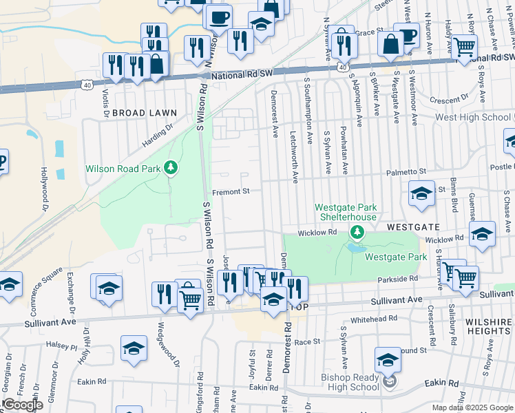 map of restaurants, bars, coffee shops, grocery stores, and more near 296 Derrer Road in Columbus